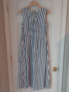 Blue and White Striped Sleeveless Maxi Dress with Front Ties